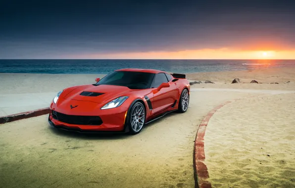 Картинка car, пляж, Z06, Corvette, Chevrolet, red, набережная