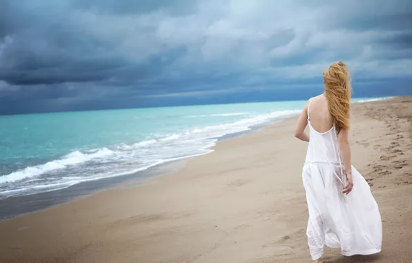 Картинка море, волны, пляж, девушка, одиночество, белое, платье, Alone girl