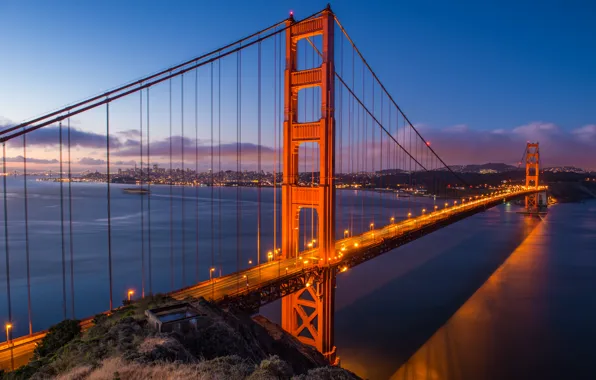 Картинка город, огни, Мост, выдержка, Калифорния, Сан-Франциско, Золотые ворота, USA, США, Golden Gate Bridge, Сан Франциско, …