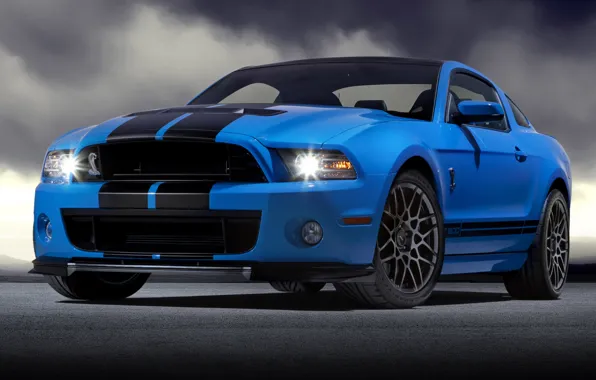Картинка синий, Mustang, Ford, Shelby, GT500, мустанг, форд, шелби, blue, передняя часть, спортивные полосы