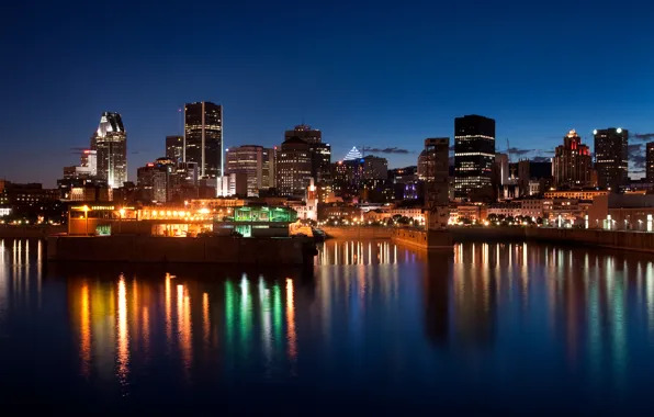 Картинка city, город, река, здания, Канада, Монреаль, Canada, river, полночь, buildings, midnight, Montreal