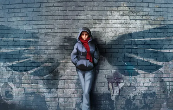 Картинка девушка, стена, рисунок, крылья, шарф, арт, кирпичи