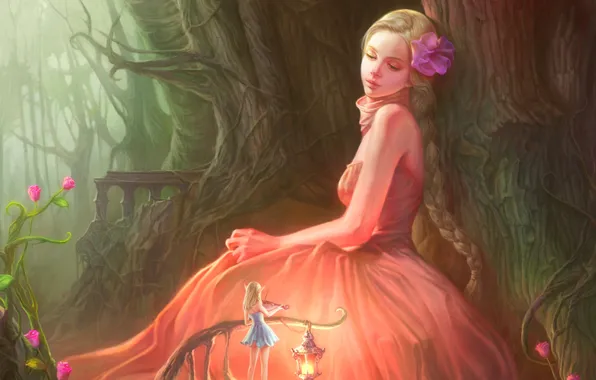 Картинка лес, цветы, скрипка, Девушка, платье, фея, блондинка, фонарь