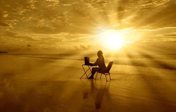 Картинка море, компьютер, небо, вода, девушка, солнце, облака, стол, фон, обои, настроения, стул, широкоформатные, просторы, полноэкранные, …