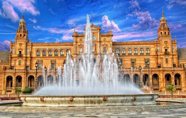 Картинка небо, фонтан, Испания, дворец, Севилья, площадь Испании