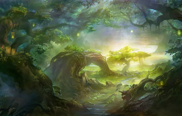 Картинка лес, свет, деревья, пейзаж, огни, корни, река, ручей, арт, фонари, лианы, rong rong, wang
