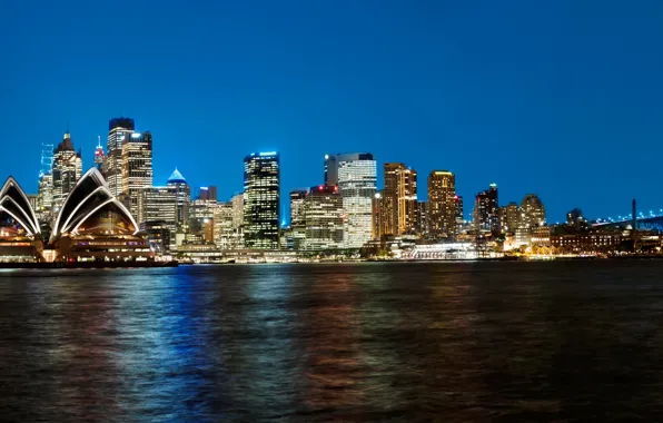 Картинка ночь, огни, побережье, небоскребы, Австралия, Сидней