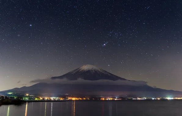 Картинка небо, звезды, гора, Япония, панорама, Фудзияма