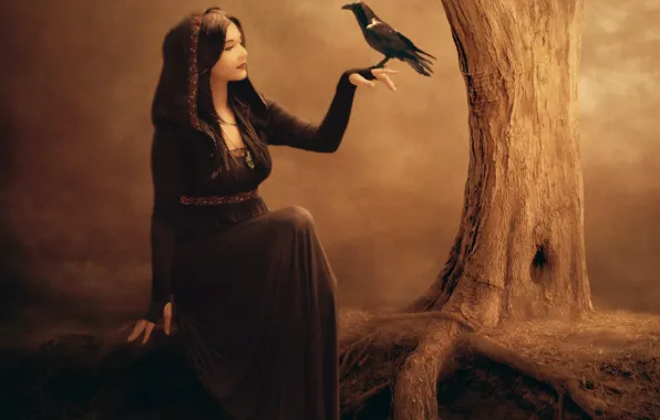 Картинка девушка, лицо, фантастика, дерево, птица, рука, макияж, платье, арт, профиль, ведьма, ворон, Jennifer Gelinas