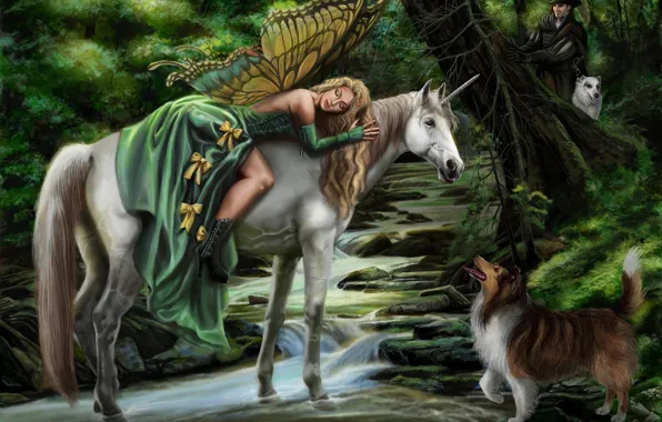 Картинка девушка, собака, фея, фэнтези, арт, единорог, охотник, Faerie steed, Sandra Chang, волшебный лес