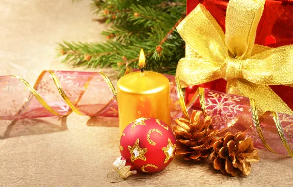 Картинка украшения, красный, ленты, игрушки, елка, свеча, шарик, Новый Год, Рождество, подарки, шишки, праздники, елочные