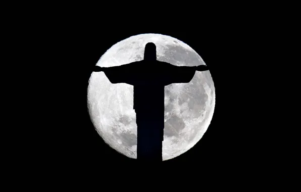 Картинка ночь, темнота, луна, силуэт, Статуя, полумрак, Бразилия, Рио-де-Жанейро, Cristo Redentor, Brasil, Rio de Janeiro, Христа …