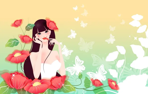Картинка девушка, бабочки, цветы, рисунок, маки, помада, красные