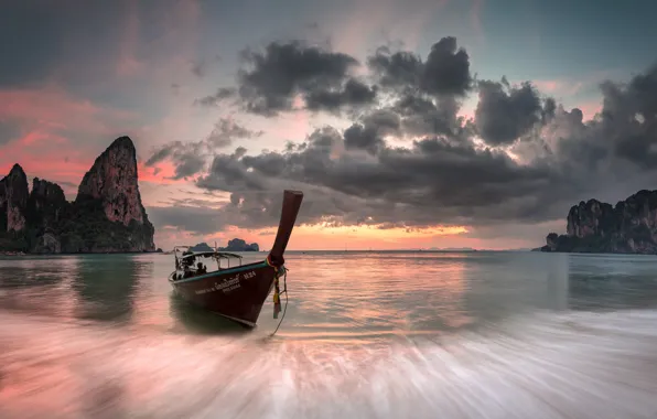 Картинка Thailand, Beach, Sunset, Long Tail Boat, West Railay Bay