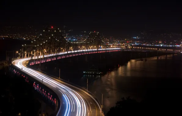 Картинка дорога, ночь, мост, река