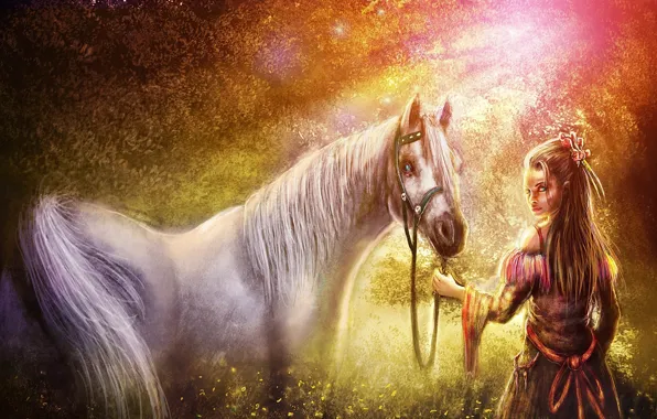 Картинка лес, девушка, свет, конь, лошадь, арт, Zahid Raza Khan