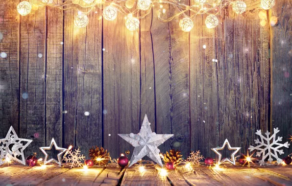 Картинка шарики, снежинки, звёзды, Рождество, Новый год, гирлянды, шишки, ёлочные украшения