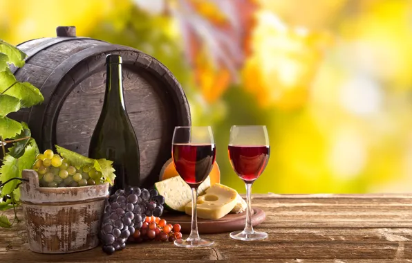 Картинка листья, вино, сыр, виноград, бочка