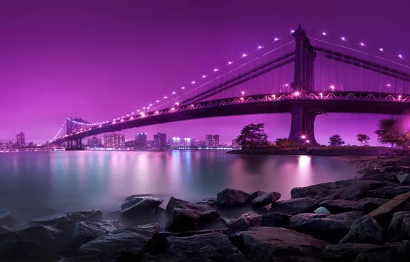 Картинка вода, ночь, lights, огни, камни, берег, Нью-Йорк, освещение, USA, США, Бруклинский мост, Манхэттен, water, night, …