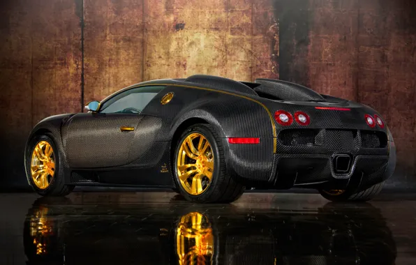 Картинка авто, дизайн, отражение, золото, карбон, спорткар, кузов, Mansory, Bugatti Veyron 16.4 LINEA Vincero d’Oro, Бугатти …