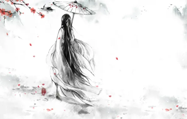 Картинка девушка, цветы, птицы, красный, зонт, лепестки, сакура, кимоно, Monochrome, монохромный