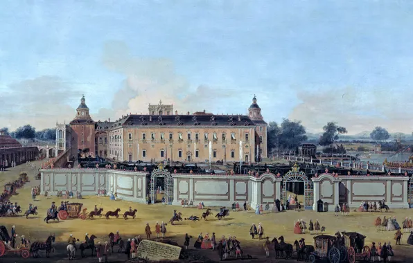 Картинка пейзаж, люди, картина, карета, Francesco Battaglioli, Вид на Дворец Аранхуэс