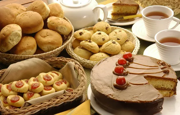 Картинка вишня, чай, кофе, еда, шоколад, печенье, клубника, кружка, чашка, торт, пирожное, сладкое, салфетка, кусочек торта, …