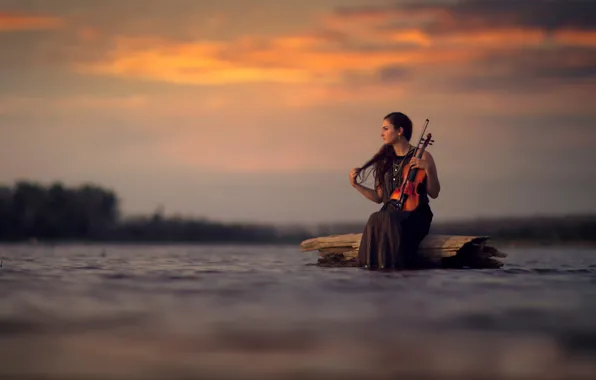 Картинка вода, девушка, скрипка, Silence, боке