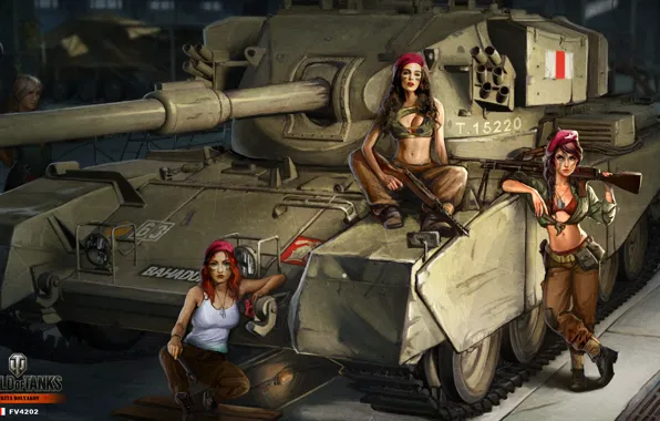 Картинка девушки, рисунок, арт, ангар, танк, британский, экипаж, средний, World of Tanks, Nikita Bolyakov, FV-4202