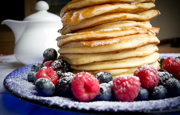 Картинка ягоды, малина, черника, блины, выпечка, berries, breakfast, pancakes