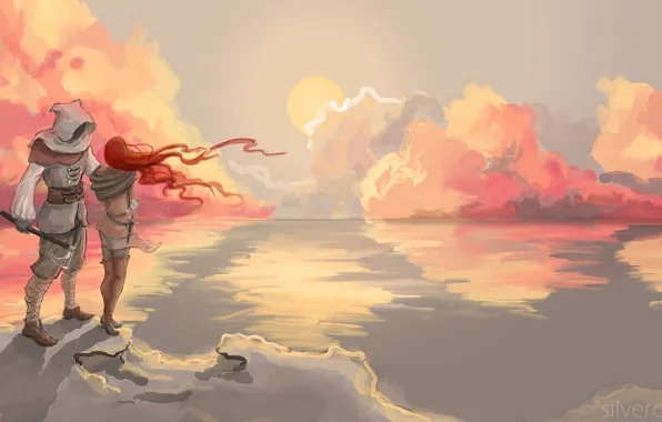 Картинка море, небо, девушка, облака, пейзаж, закат, отражение, оружие, океан, тень, мужчина, парень, живопись, красные волосы