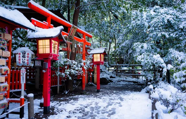 Картинка зима, снег, Япония, фонари, храм, Japan, врата, Kyoto, Киото, Тории, Torii gate, Nonomiya Shrine, Храм …
