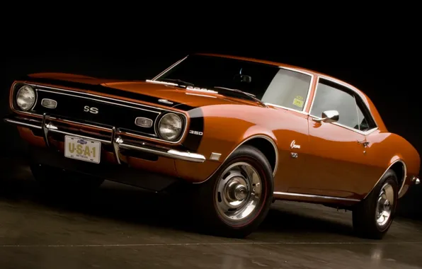 Картинка оранжевый, фон, купе, Chevrolet, Камаро, Шевроле, Camaro, передок, 1968, Muscle car, 350, Мускул кар