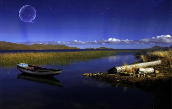 Картинка озеро, луна, лодка