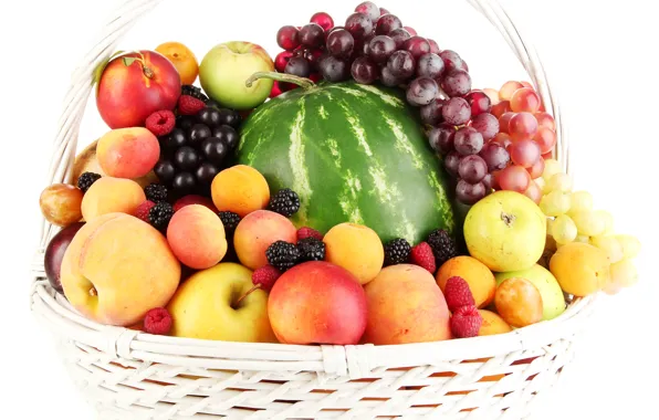 Картинка ягоды, малина, корзина, яблоки, арбуз, виноград, фрукты, персики, сливы, ежевика, абрикосы, нектарин