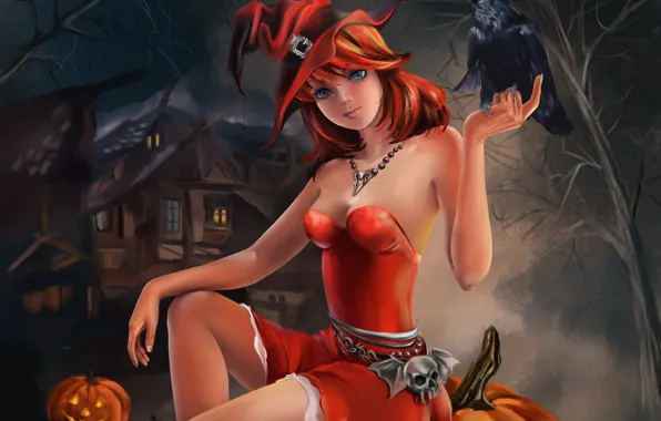 Картинка девушка, праздник, Halloween, тыква, Хэллоуин, ворон, сидит