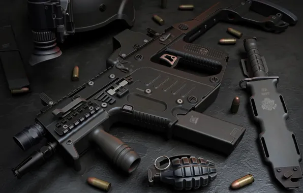 Картинка gun, USA, weapon, charger, knife, helmet, ammunition, Kriss Super V, Kriss, ordnance, grenade, submachine gun, …