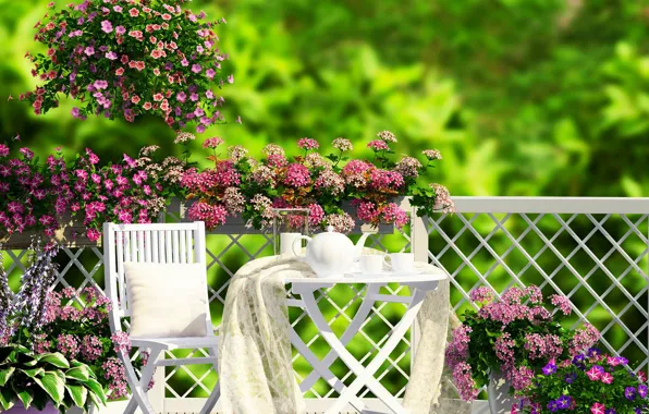 Картинка трава, цветы, природа, чай, кофе, сад, grass, nature, веранда, flowers, garden, coffee, tea, veranda