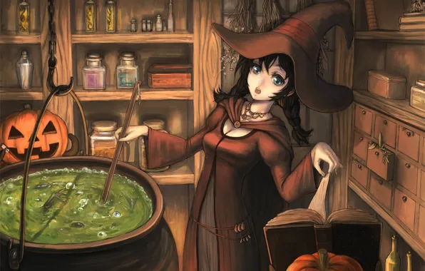 Картинка девушка, шляпа, тыква, книга, ведьма, halloween, котел, варево