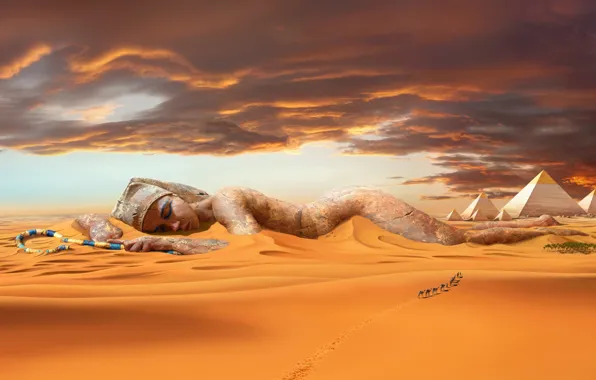 Картинка песок, пустыня, дюны, статуя, пирамиды, верблюды, караван