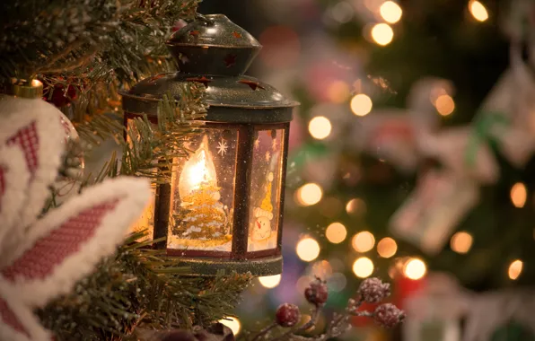 Картинка украшения, ветки, огни, праздник, елка, Рождество, фонарь, Новый год, боке