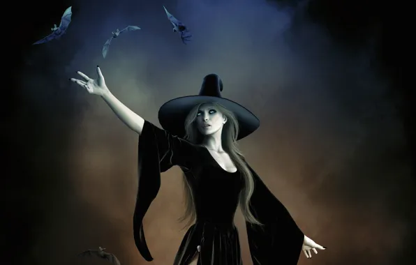 Картинка девушка, магия, шляпа, ведьма, летучие мыши, колдовство