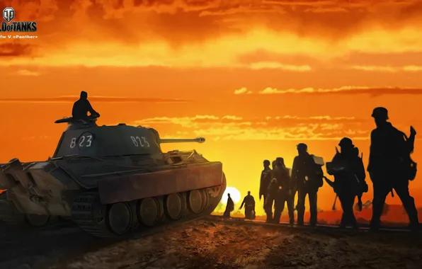 Картинка небо, солнце, рисунок, арт, Пантера, солдаты, танк, зарево, немецкий, средний, World of Tanks, PzKpfw V …