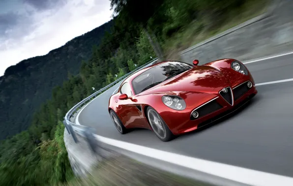 Картинка дорога, горы, красный, скорость, Alfa Romeo 8С