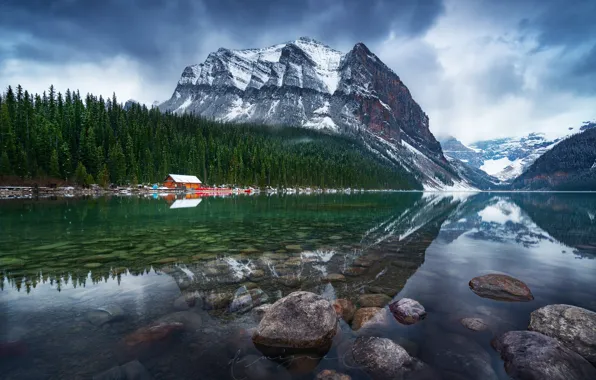 Картинка зима, снег, горы, природа, озеро, Канада, домик