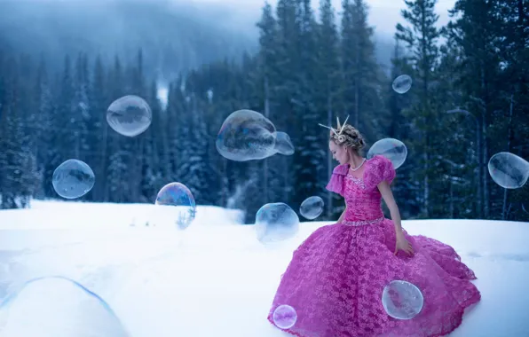Картинка лес, девушка, снег, платье, мыльные пузыри, Lichon
