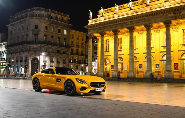 Картинка Mercedes-Benz, Front, AMG, Square, Night, Place, Yellow, Supercar, 2015, GT S