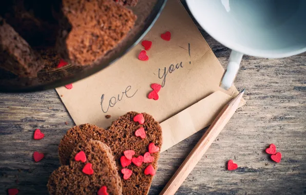 Картинка надпись, сердце, печенье, чашка, сердечки, карандаш, выпечка, конверт, love you