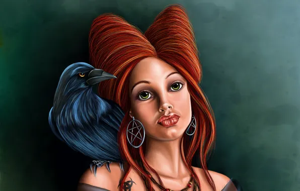 Картинка девушка, украшения, птица, тату, арт, рыжая, ведьма, ворон, колдунья
