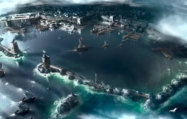 Картинка море, город, корабли, порт, assassins creed, акра